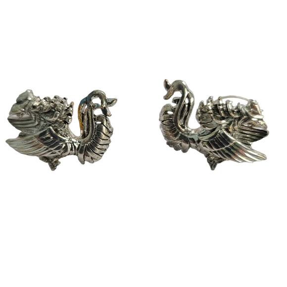 Vintage 90s Best Phoenix Inmortal Bird Silver Tone Metal Stud Earrings 1" NOS - Picture 1 of 4